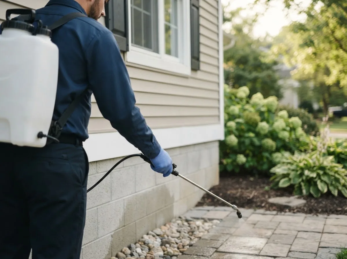 Pest control technician inspecting a home in Champion, MI